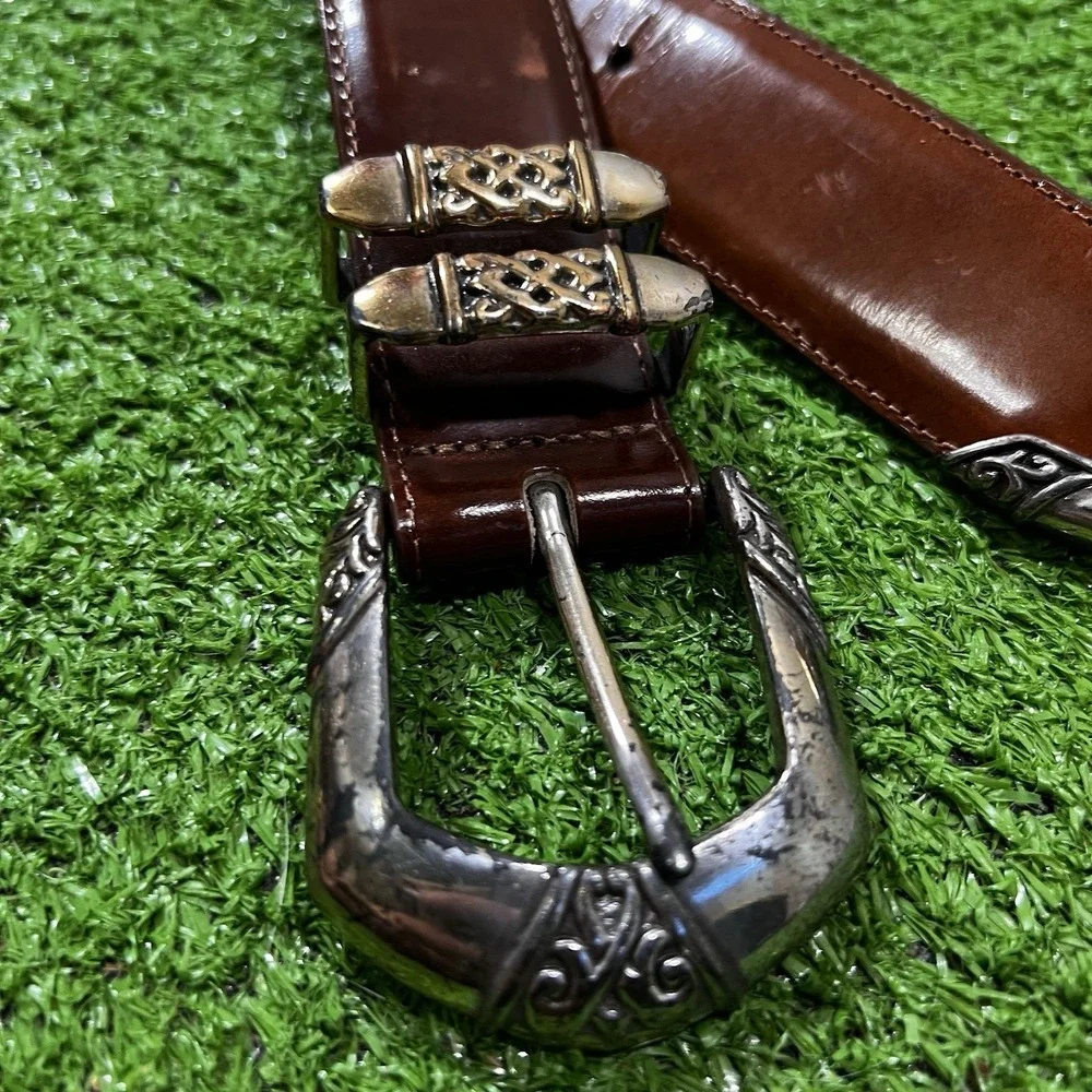 Vintage‎ BRIGHTON Belt Women's SM Brown LEATHER 90s SILVER Brass Buckle 27